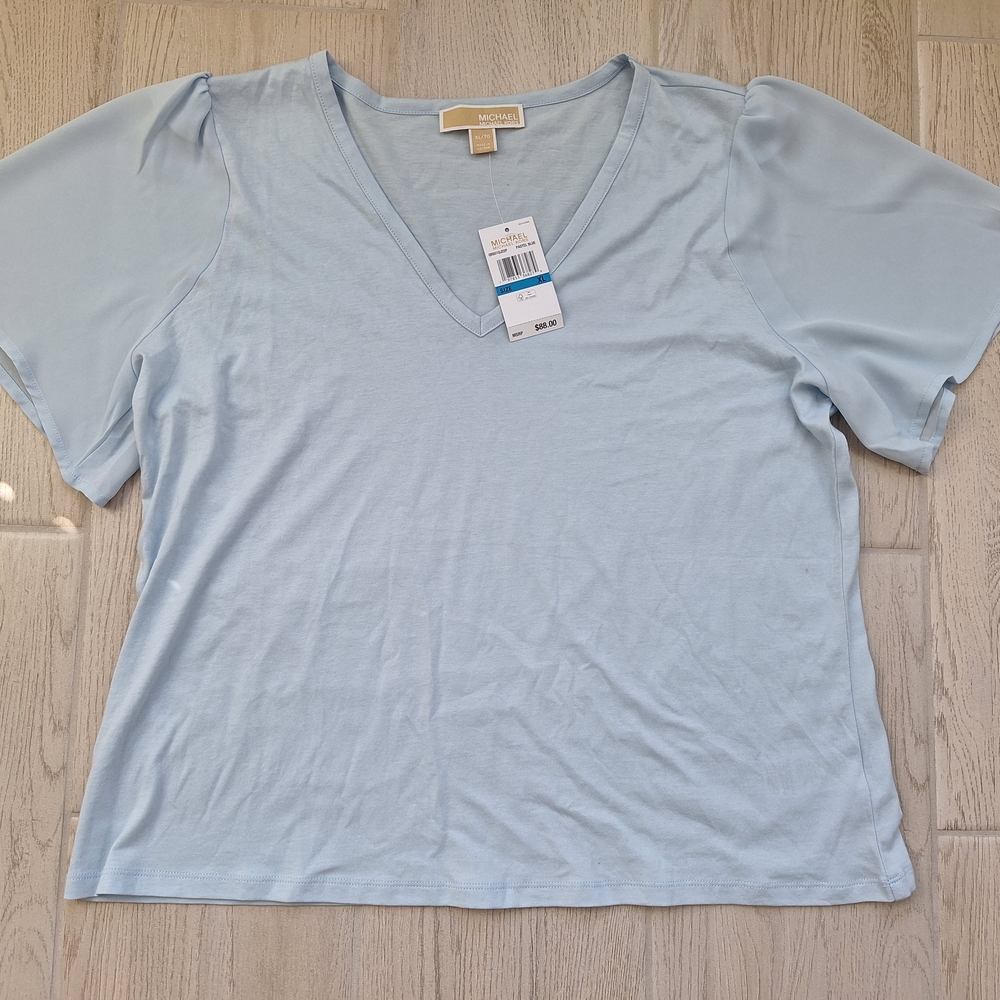 Michael Kors Light Blue Women's V-neck Sheer Short Sleeved Shirt XL NWT